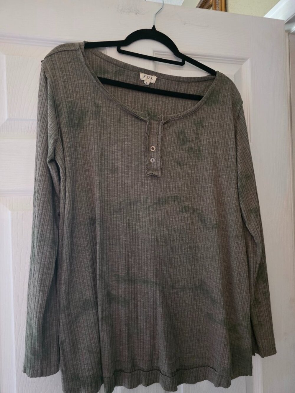 POL Women’s Olive Green Ribbed Henley Long Sleeve Top